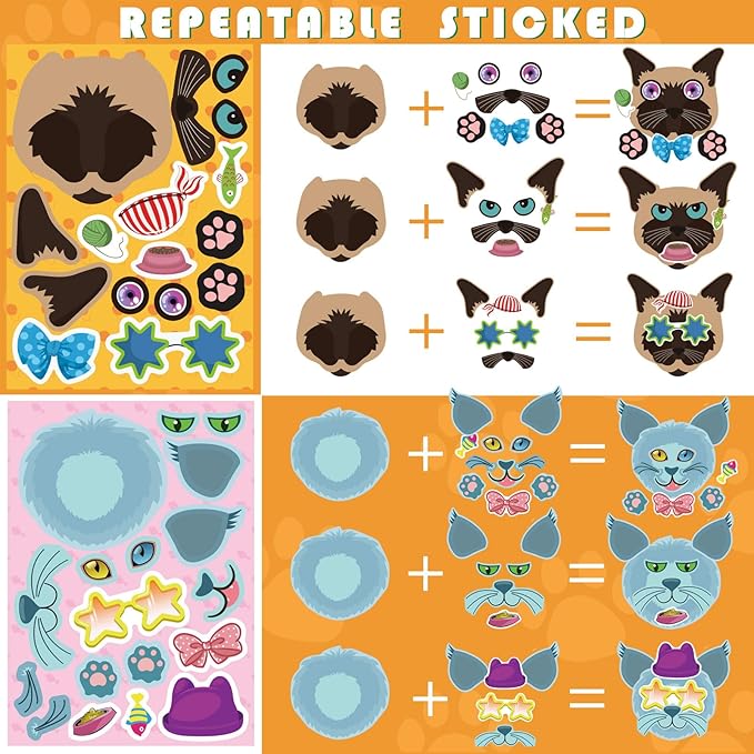 48 sheets cat stickers,make a face stickers for kids, make your own cat sticker, animal sticker for kids 3-5, brithday gift party favors, teacher reward classroom games craft