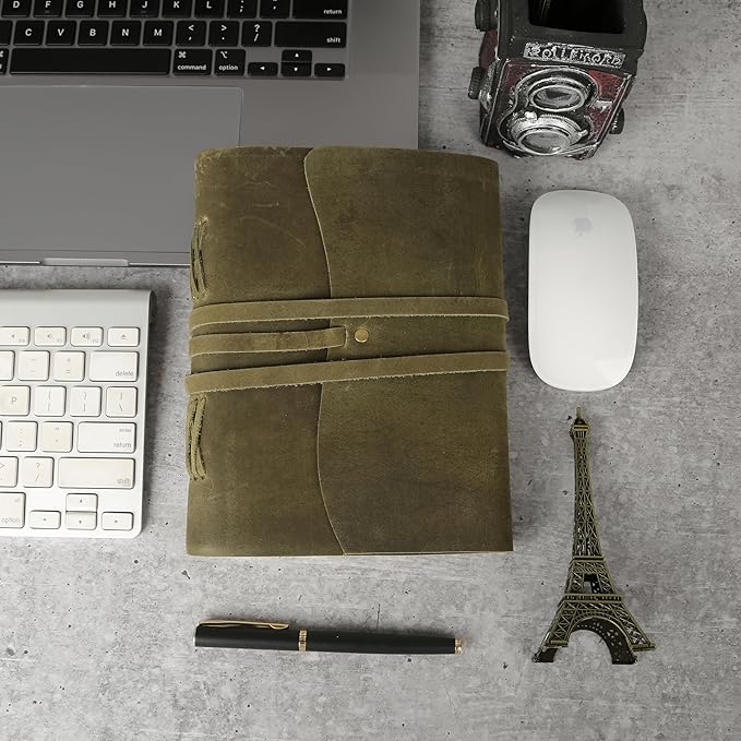 KomalC Handmade Leather Journal 8x6 Inch | Green Vintage Notebook with Unlined Paper | Cotton Recycled Paper | Antique Travel Diary, Sketchbook, Writing Journal for Men & Women