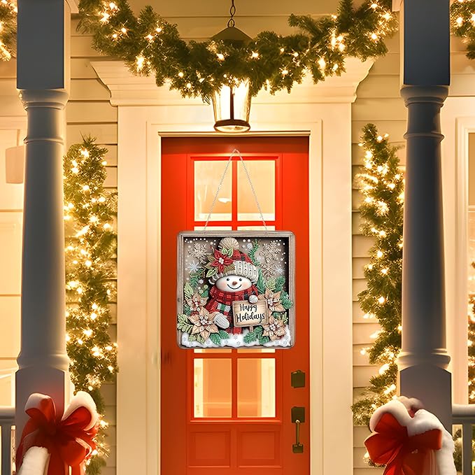 DIY Acrylic Diamond Art Painting Wreath Kits Special Shaped Rhinestone 5D Diamond Art Window Pendants Home Garden Wall Hanging Kits Hanging Ornament，Double Sided(Christmas Snowman-1)
