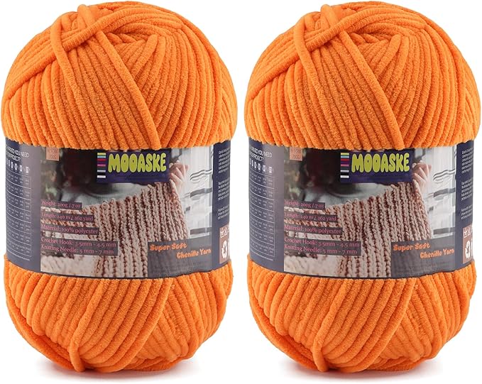 Chunky Velvet Yarn for Crocheting, 2-Pack 14.1oz 524.8 Yards Total, Super Soft Chenille Plush Yarn for Baby Blankets, Amigurumi, Scarves | 20 Colors (2, Orange)