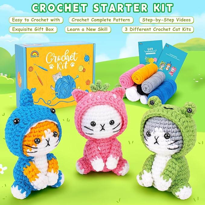 Crochet Kit for Beginners - 3 PCS Crochet Kits with Step-by-Step Video Tutorials, Beginner Crochet Kit for Adults, Crochet Animal Kit for Starters, Cat Dressed as Shark Frog Strawberry