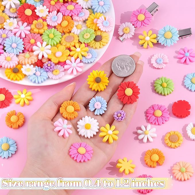100PCS Flower Slime Charms Cute DaisyFlatback Resin Charms for Slime, Kawaii Random Decoden Charm for Embellishments Phone Junk Case Charms Bulk,Hairpins Scrapbooking Crafting DIY Decor