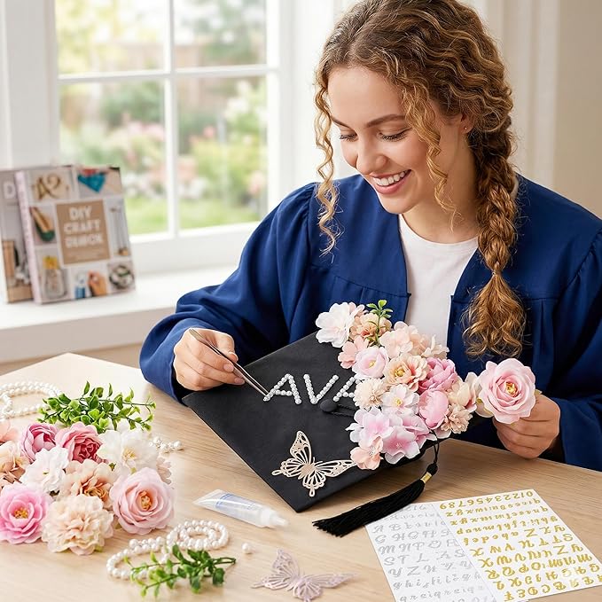 VISSTREE DIY Graduation Cap Decorations, 40 Pcs 2026 Grad Cap Topper Decorations Kit with Artificial Flower, Glitter Paper, 3D Butterfly, Pearls Alphabet Stickers, Lace for 2026 Graduate Supplies Gift