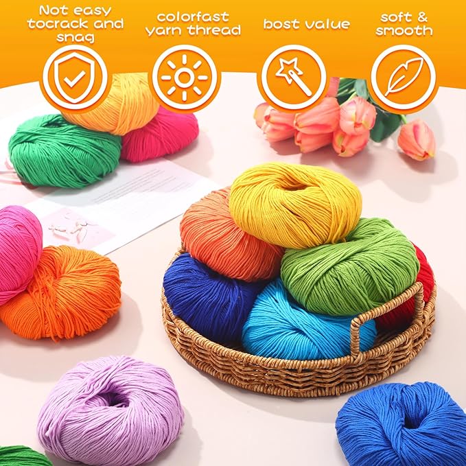 16 Skeins Cotton Yarn for Crocheting Knitting Soft Fine Clothes Cotton Blankets Yarn Bulk Assorted Colors for DIY Craft, Each 50g/185yard, 16 Colors(Classic Colors)