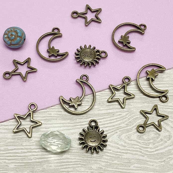 Heather's cf Celestial Beads Moon Charms Pendant Jewelry Making Earrings Necklace Bracelet Kit Findings Jump Rings Lobster Clasp Vintage Finish Plated Non Tarnish Look (Silver Star, 79-150Pcs)