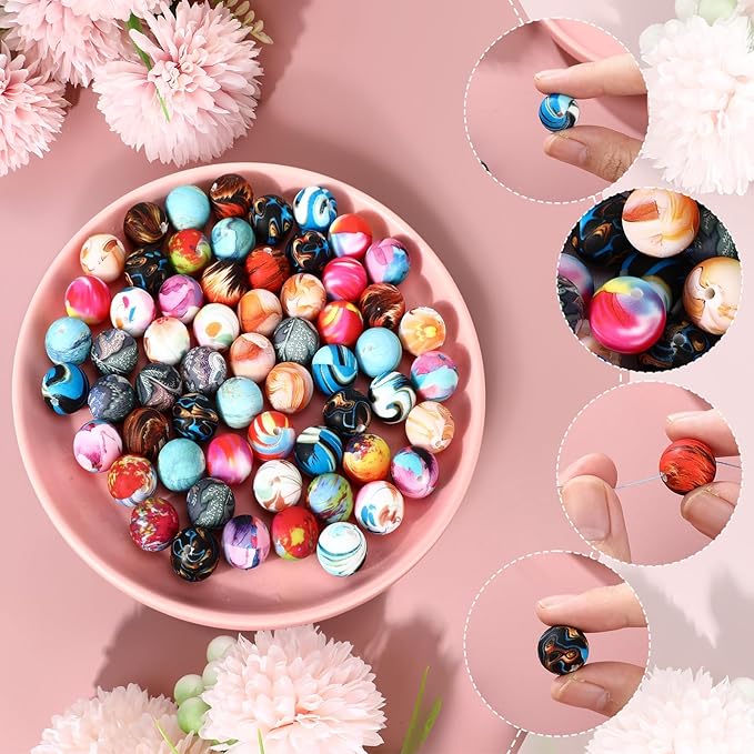 Ferreve 60 Pcs 15mm Silicone Beads Bulk Galaxy Print Round Focal Beads Rubber DIY Silicone Loose Bead for Bracelet Making Kit for Keychain Pens Necklace Bracelets Jewelry Making