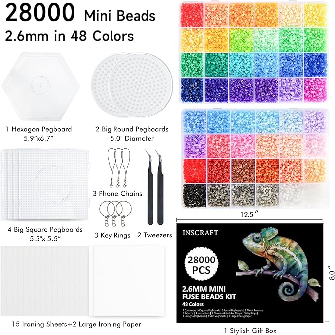 inscraft 28,000 mini fuse beads, 2.6mm 48 colors melty beads with 7 pegboards 15 ironing sheets 2 tweezers 2 ironing papers & 6 chain accessories
