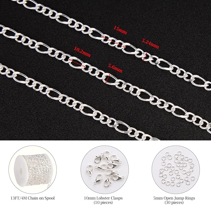 KYUNHOO 13 FT/4M Silver Plated Jewelry Chain Roll Figaro Curb Links Necklace Chains Bulk with Lobster Clasps Jump Rings for Women Men Making Jewelry Crafts
