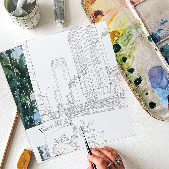 RGBMIX Urban Watercolor Paper Pad Cotton 140lb/300gsm 12 Sheets 9x12'' Water Coloring Book Line Art of Cityscapes, Lighthouse, Castle, Church, Bridge, Factory for Watercolor, Acrylic, Pencil