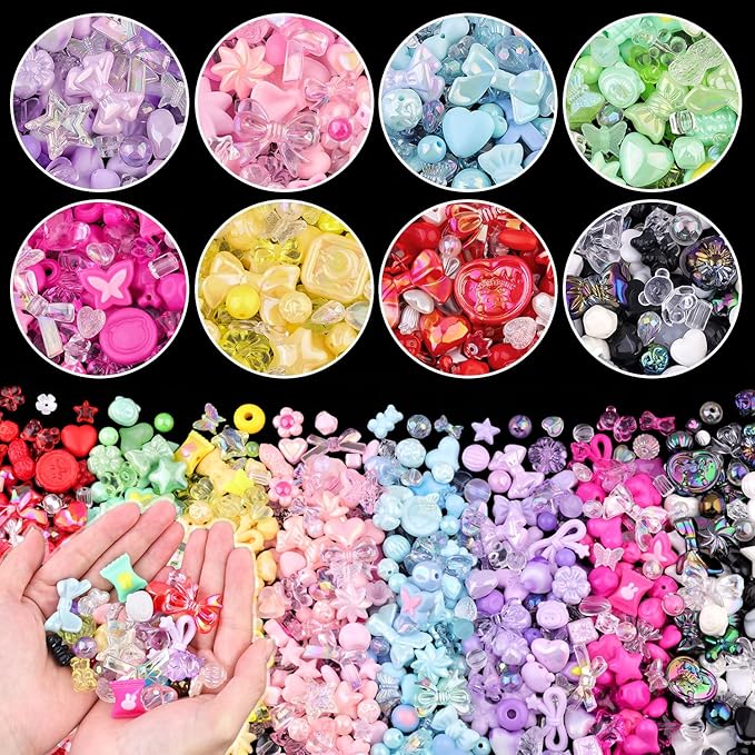 500-550pcs tinkrstuff assorted 8 colors mixed acrylic beads for bracelet making, cute beads for jewelry making flower bow butterfly gummybear aesthetic bracelet beads,diy necklace keychain phone charm