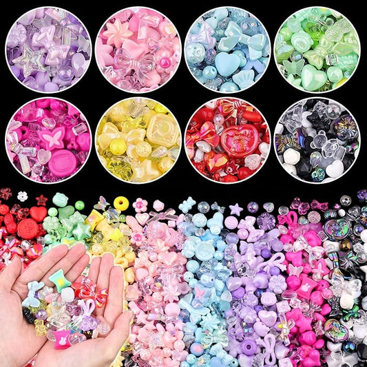 500-550pcs tinkrstuff assorted 8 colors mixed acrylic beads for bracelet making, cute beads for jewelry making flower bow butterfly gummybear aesthetic bracelet beads,diy necklace keychain phone charm