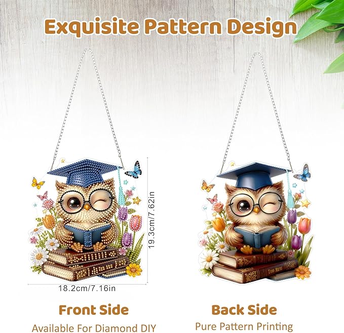MEIYUDA Owl Diamond Art Hanging Kits for Adult, Book Owl Diamond Painting Hanging Kits Ornaments, DIY Special Shaped Rhinestone Window Pendants Kit for Home Garden Wall Decor Gift