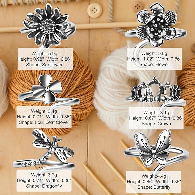 6 PCS Crochet Tension Ring Cat Crown Butterfly Elephant Sunflower Adjustable Yarn Rings Tools Crochet Accessories Gifts for Crochet Lovers
