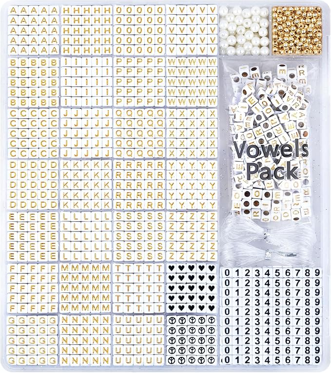 Gold Letter Beads for Bracelets - Beads for Friendship Bracelet Making- 1270Pcs Square Acrylic Letter Beads with Extra Vowels & Number Beads and Spacer Beads