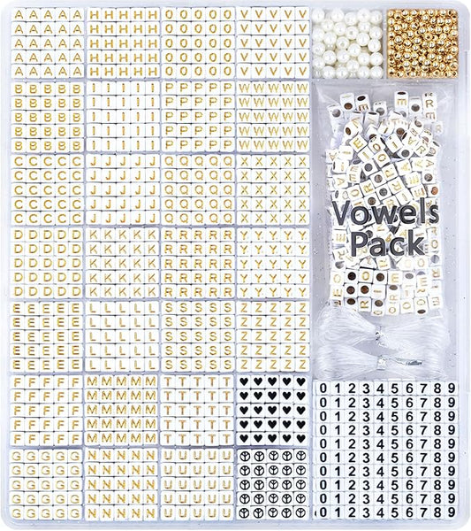 Gold Letter Beads for Bracelets - Beads for Friendship Bracelet Making- 1270Pcs Square Acrylic Letter Beads with Extra Vowels & Number Beads and Spacer Beads