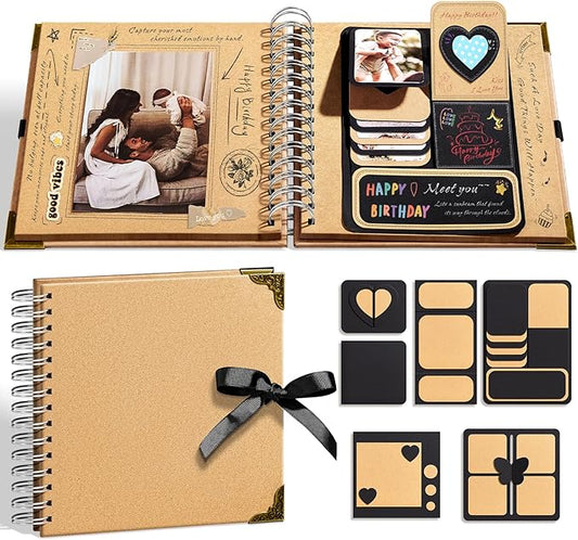 8x8 Scrapbook Album, 40 Pages Thick 250gsm Kraft Paper Photo Album with Metal Corner Protectors & 3D Interactive Elements, DIY Memory Book for Wedding, Anniversary, Baby & Family