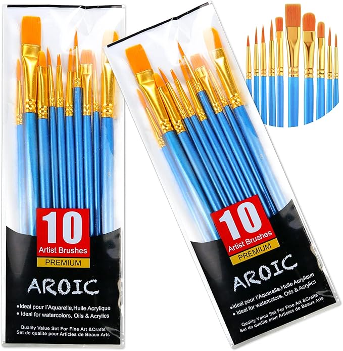 Acrylic Paint Brush Set, 2 Packs / 20 pcs Nylon Hair Brushes for All Purpose Oil Watercolor Painting Artist Professional Kits