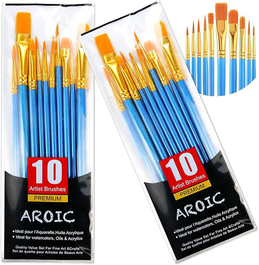Acrylic Paint Brush Set, 2 Packs / 20 pcs Nylon Hair Brushes for All Purpose Oil Watercolor Painting Artist Professional Kits