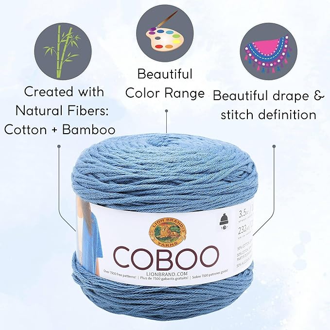 Lion Brand Coboo Denim 835-107 (6-Skeins - Same Dye Lot) DK Light Worsted #3 Cotton, Bamboo Yarn for Crocheting and Knitting with Project Bag
