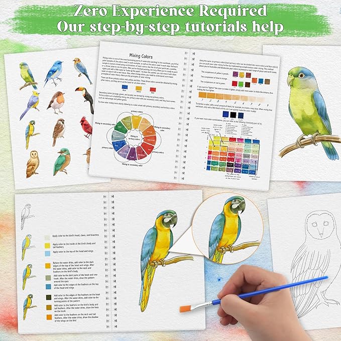 Beginners Watercolor Workbook for Adults -Step-by-Step Coloring Book Set-12 coloring book pages - Includes 16 color blocks and a brush - Professional Watercolor Paper: 300gsm/140lb (Bird)