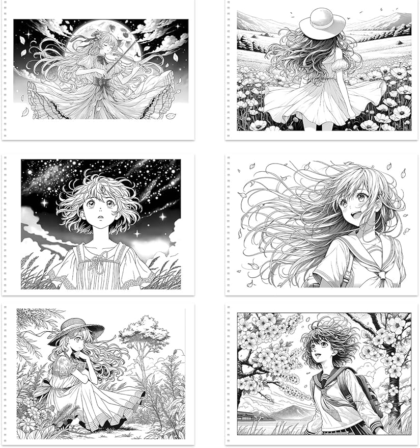 VKYE Coloring Book - Anime Girls Character Adult Coloring Book for Woman & Adults, Markers Recommended, Thick Paper, Intricated Pattern & Details, Spiral Bound, Imagination, Anxiety and Depression