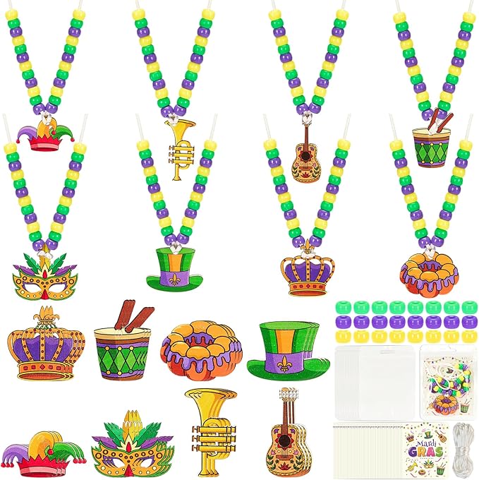 Bafeil Mardi Gras Crafts Beads Necklace Making Kit 24 Sets - Arts and Crafts DIY Bulk with Mask Crown Jester Court Hat Charms, Carnival Party Favors Birthday Family Craft Activities