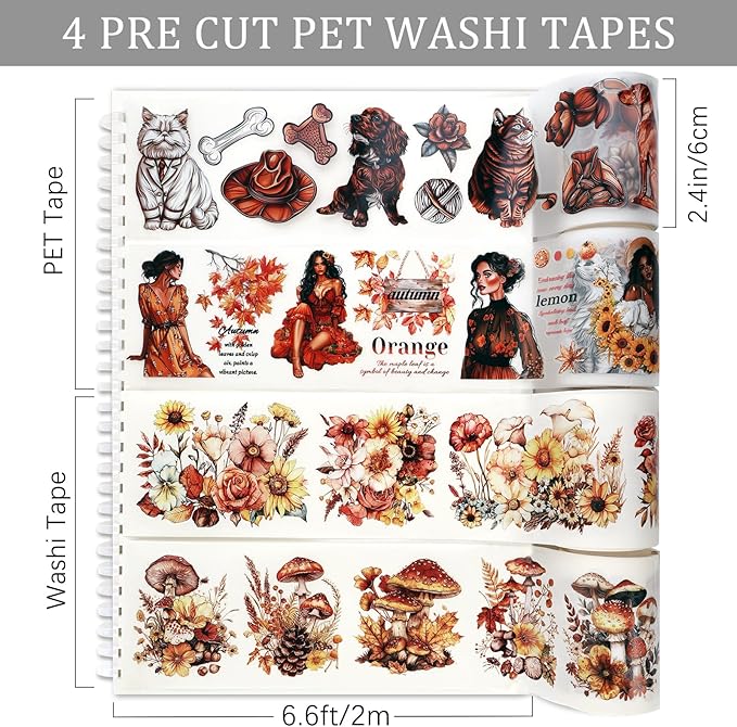 Dizdkizd Pre-Cut PET Washi Tape Set, 4 Rolls of Cute Pet Flower Mushroom Washi Tape Stickers for Scrapbooks, Bullet Journals, Collages, Planners, Autumn Vibes
