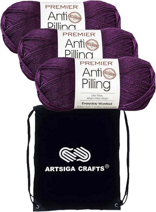Premier Yarns Everyday Anti-Pilling Solid Aubergine DN100-10 (3-Skeins - Same Dye Lot) #4 Worsted Weight Acrylic Yarn for Crocheting and Knitting with Project Bag