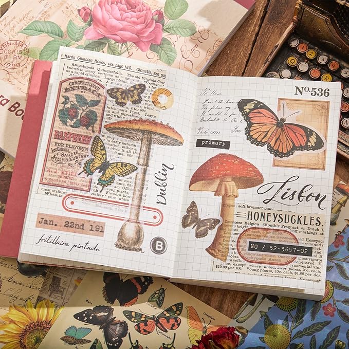 emmoolife Vintage Washi Sticker for Scrapbooking, Ephemera Sticker Book for Journaling with 512 Botanical Stickers & 25 Scrapbook Papers, Ephemera for Junk Journal, Journaling Supplies for Crafts