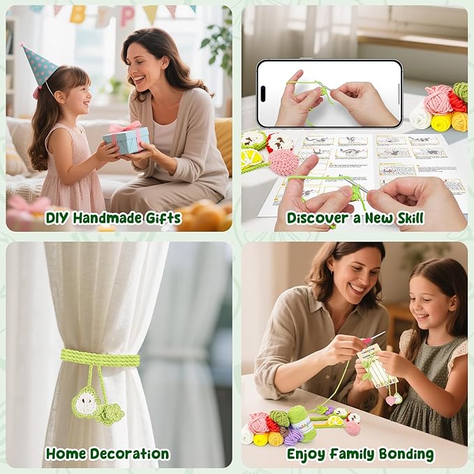 WaldyWop Crochet Kit for Beginners: 5 PCS Fruit Bookmarks Crochet Kits w/ 40% Extra Yarn, Accessories - Easy Video Tutorials & Instructions for Starter Adults - DIY Christmas Gift Set for Her Women