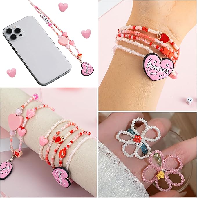 24 Grids Pink Colored Glass Seed Beads Kit for DIY Jewelry Making - Handmade Craft for Friendship Bracelet Necklace, with Heart Pendant, Letter Beads and Elastic line