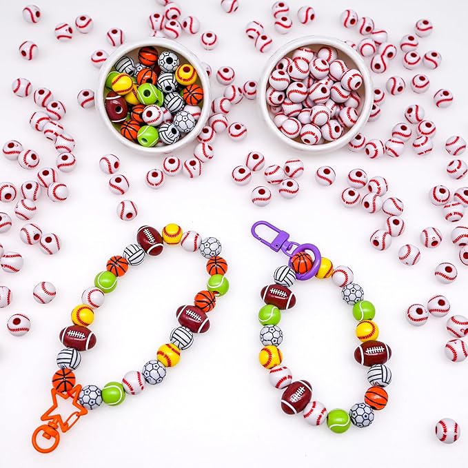 200+ pcs Baseball Beads Sport Bulk Kandi Beads for Jewelry Making, Bracelet Keychain Becklace Charm Boys Bead Kit (Baseball)