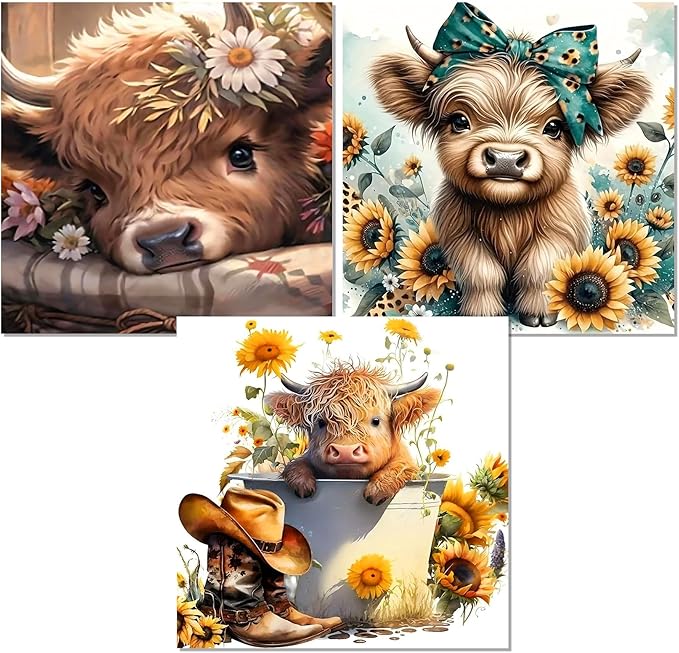 igoodom 3 Pack Cow Diamond Art Kits for Adults, Highland Cow Diamond Painting Kit, Full Drill Round Diamond Art Kits, DIY Gem Art and Crafts for Home Wall Decor Gift 14x14inch