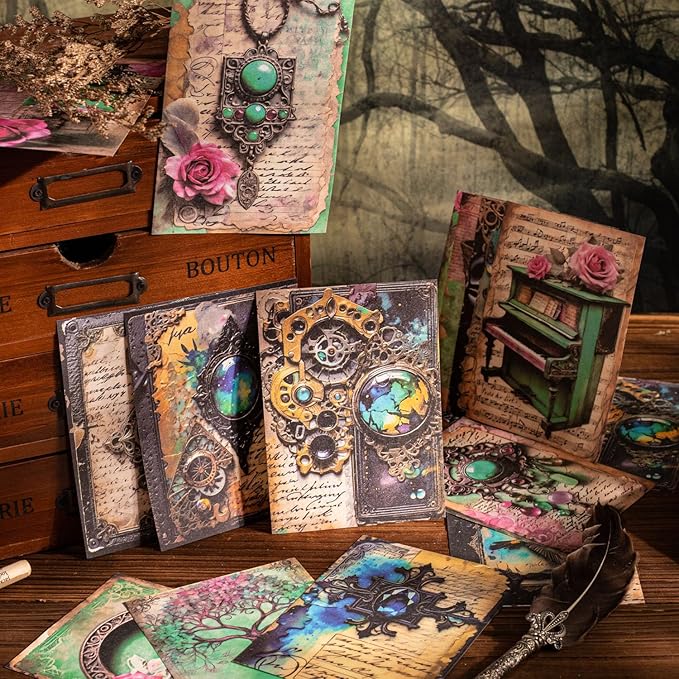 180Pcs Gothic Scrapbook Paper, Vintage Ephemera Pack for Journaling, Junk Journal, and Scrapbooking Supplies with Glue Tape