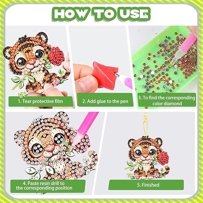 Masendp 8 Piece 5D DIY Animal Diamond Painting Double Sided Keychain Set, Flower Diamond Pendant Hanging Animal Art Decoration for Adult Beginner Pack Birthday Family Party Decoration