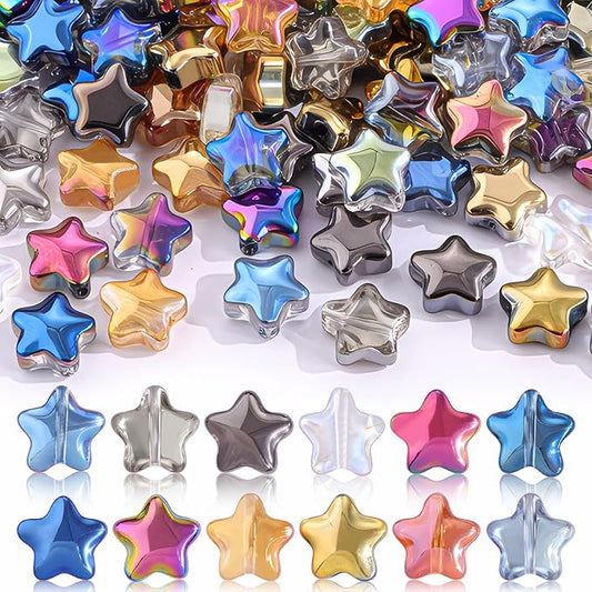 200PCS 10MM Glass Star Beads Bedazzling Irisedent Glass Beads,Crystal Star Beads,Fancy Shine Mixed Colors Cute Bead for Necklace Bracelet Earring Jewelry Making, Spacer Beads Bulk for Crafting & DIY
