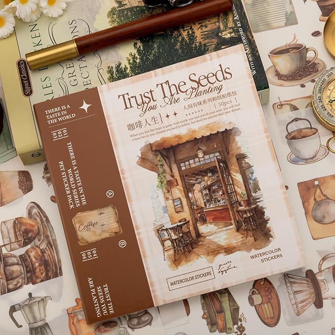 Coffee Themes Sticker Scrapbooking Supplies for Junk Journal, 50 Sheets Washi Stickers - Vintage Journaling Stickers, Ephemera Sticker Book Pre Cut(TZ-005-008)