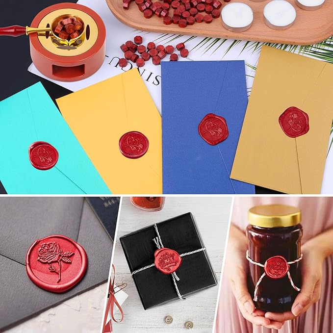 Red Wax for Letters Stamp Seals, Paxcoo 312pcs Stamp Wax Kit with Red Wax Seal Beads, Wax Seal Warmer, Wax Spoon and Tealight Candles for Wax Envelopes Mail and Wedding Invitations