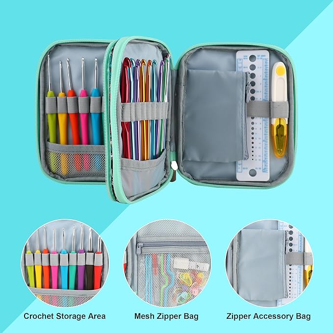 LOOEN Crochet Hook Case with Zipper and Web Pockets for Crochet Needles/Knitting Accessories - Lightweight Organizer Bag for Crochet Hook Kit Tools