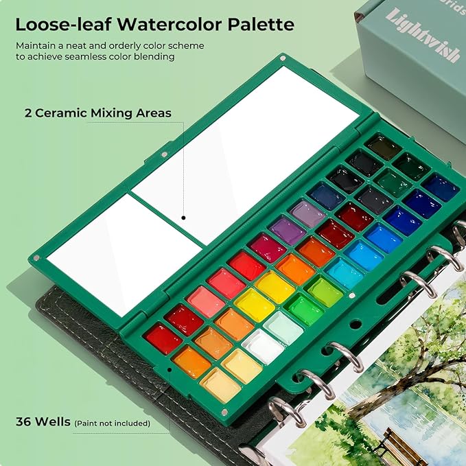 Travel Watercolor Sketchbook Set - 100% Cotton Cold Press 6.7x3.9 Inch Binder Art Journal with 36-Well Ceramic Paint Palette & 2 Travel Watercolor Brushes for Artists Outdoor Painting