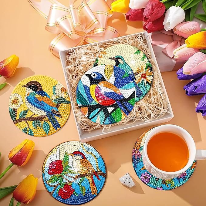 EWJRNSF 8 PCS Small Diamond Art Coasters Kits, Diamond Painting Coasters, Fall Diamond Art Kits for Adults Beginners, Arts and Crafts Item Sets with Holder for Drinks Bird Style