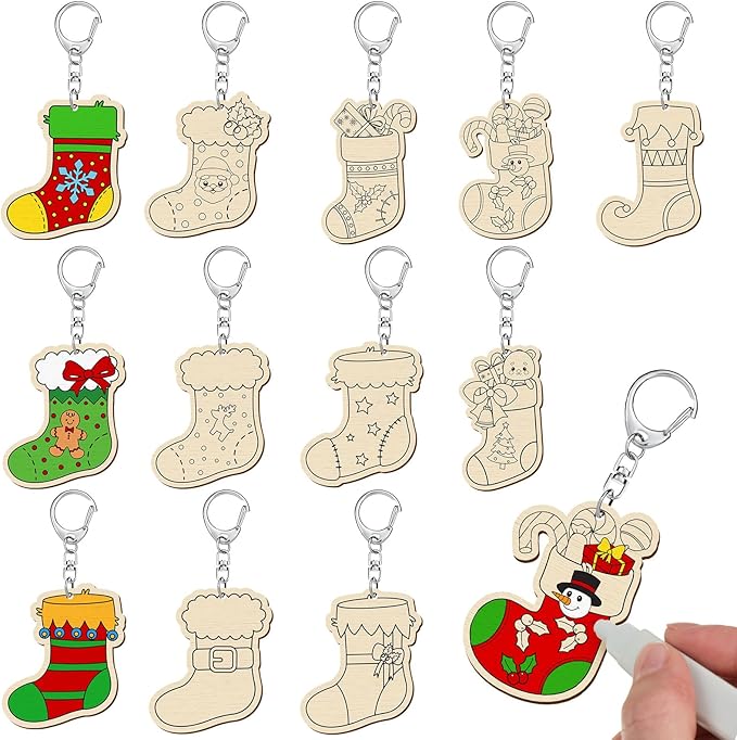 Trnayi 36 Pcs Christmas Stocking Craft Unfinished Wooden Keychains Color Your Own Christmas Stocking Wooden Crafts to Paint Blank Wood Painting DIY Crafts for Xmas Party Home Arts Project Decor