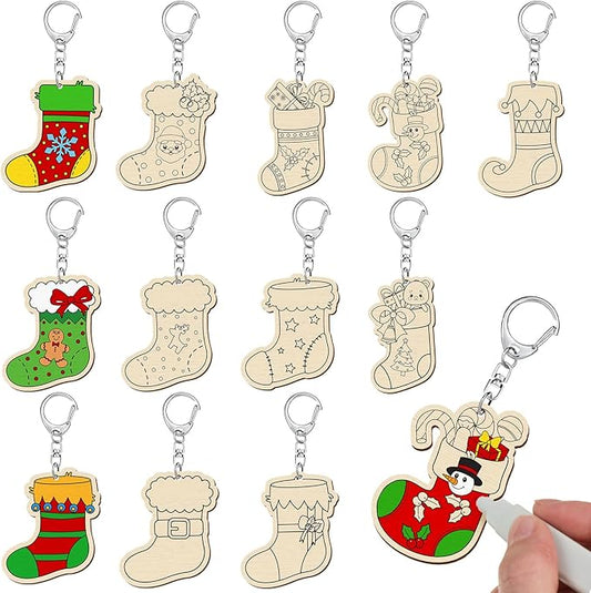 Trnayi 36 Pcs Christmas Stocking Craft Unfinished Wooden Keychains Color Your Own Christmas Stocking Wooden Crafts to Paint Blank Wood Painting DIY Crafts for Xmas Party Home Arts Project Decor