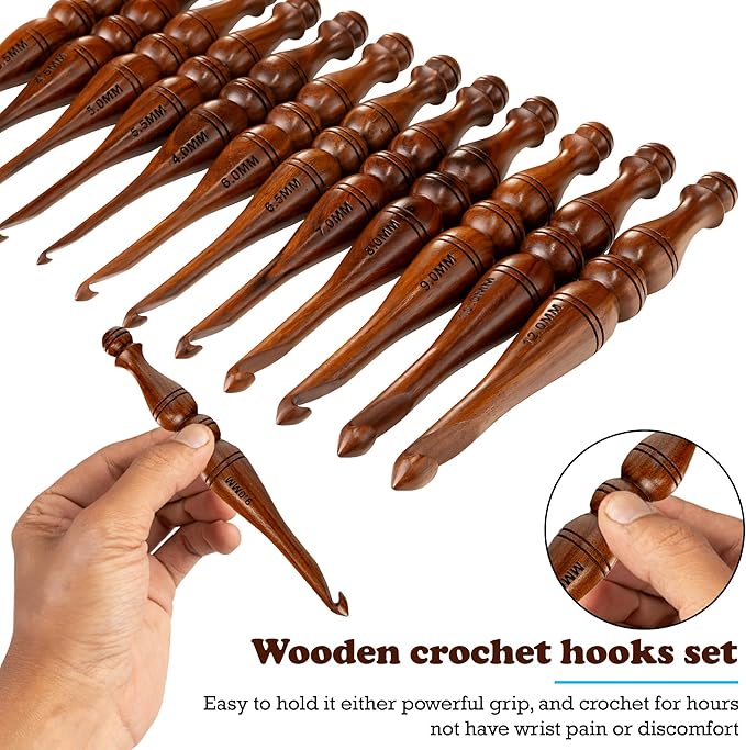 Bhartiya Handicrafts Wooden Crochet Hooks Set, 12pcs Ergonomic Knitting Needles - Rosewood, 3.5mm(E) to 12mm(P) - Includes Holder