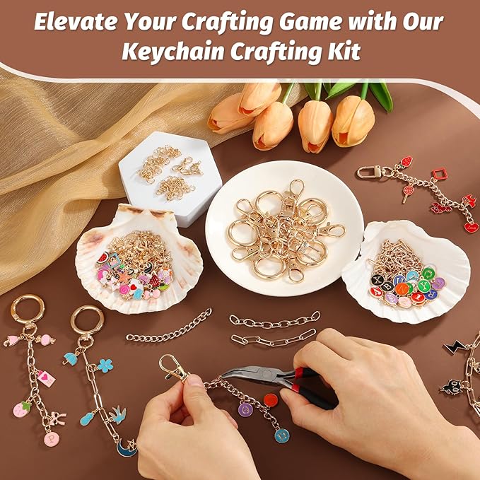 selizo 263Pcs Charms Lip Gloss Keychain Making Kit, DIY Craft Supplies with Charms, Key Chain Hooks, Jump Rings, Lobster Clasps, Chains & Tools, Jewelry Making Kit for Custom Keychains, Bags, Gifts