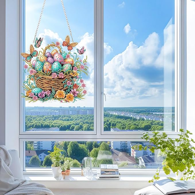 KEYIFA Easter Egg Hanging Diamond Art Painting Kits for Adults and Kids Age 8-12, 5D Special Shape Diamond Dots Kit Butterfly, Crystal Gem Painting Art Crafts for Window, Wall, Door, Garden Decor