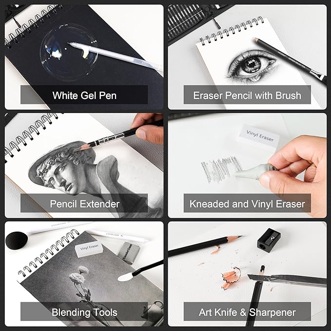 HIFORNY 100 PCS Drawing & Sketching Set, Professional Art Supplies with Graphite,Charcoal, Colored,Watercolor,Metallic Pencils,Blending Tools,Sketchbook and Coloring Book in Zipper Case (Black)