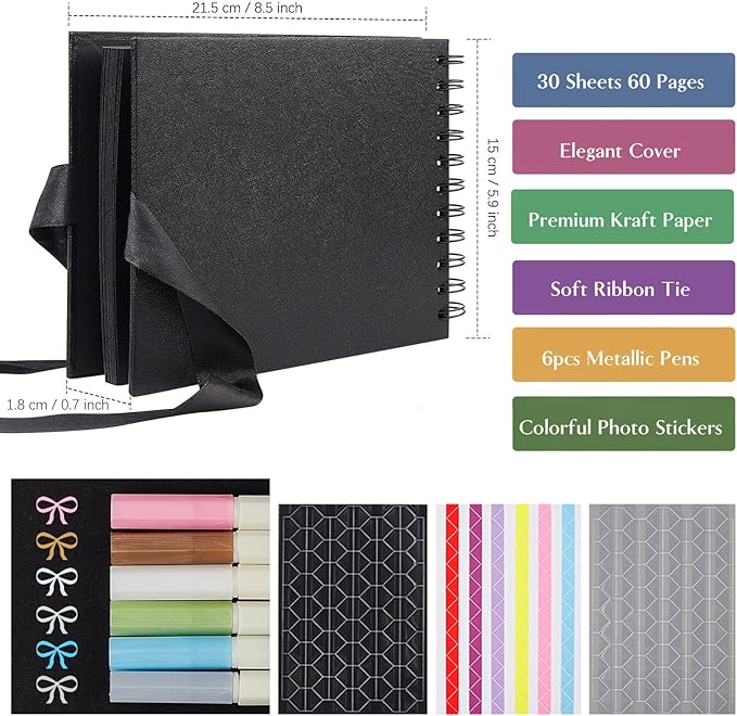 60 Pages Small Scrapbook Album with 6 Metallic Markers, 8.5 x 5.9 Inches Black Paper Photo Album for Wedding Anniversary, Family DIY Scrapbook Accessories