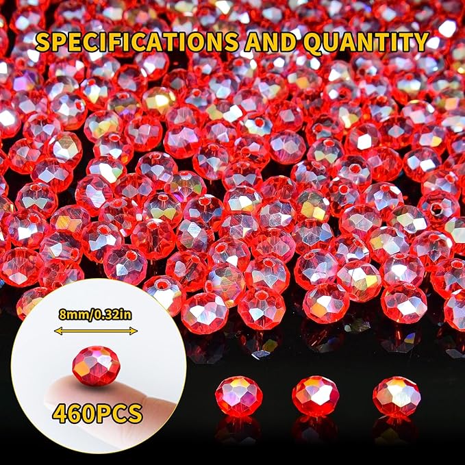 laopottbeads 460pcs 8mm crystal glass beads for jewelry making beads for bracelets necklace pendants making supplies(red)