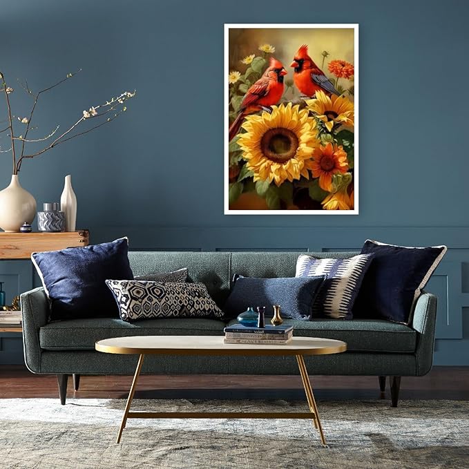 Mrnsiet Diamond Painting for Adults Kits, 5D Cardinal Diamond Art Kits for Beginners, DIY Full Drill Sunflowers Diamond Gem Art Kits for Home Wall Decor 12x16 Inch